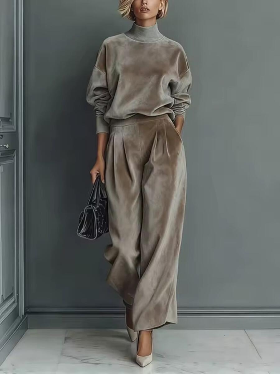 Women High Neck Solid Color Casual Suit