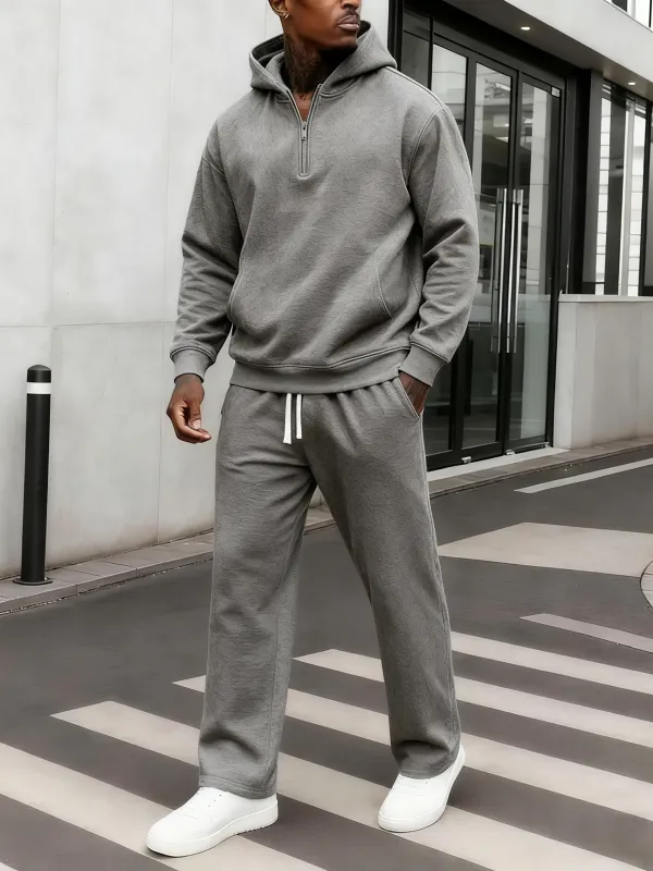 Men's Plain Two-piece Sweatsuit Set, Basic Regular Fit Casual Drop Shoulder Half Zip Hoodie & Pocket Drawstring Sweatpants