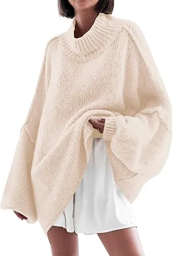 ✨Womens Oversized Mock Neck Batwing Long Sleeve Ribbed Knit Casual Tunic Sweater🔥