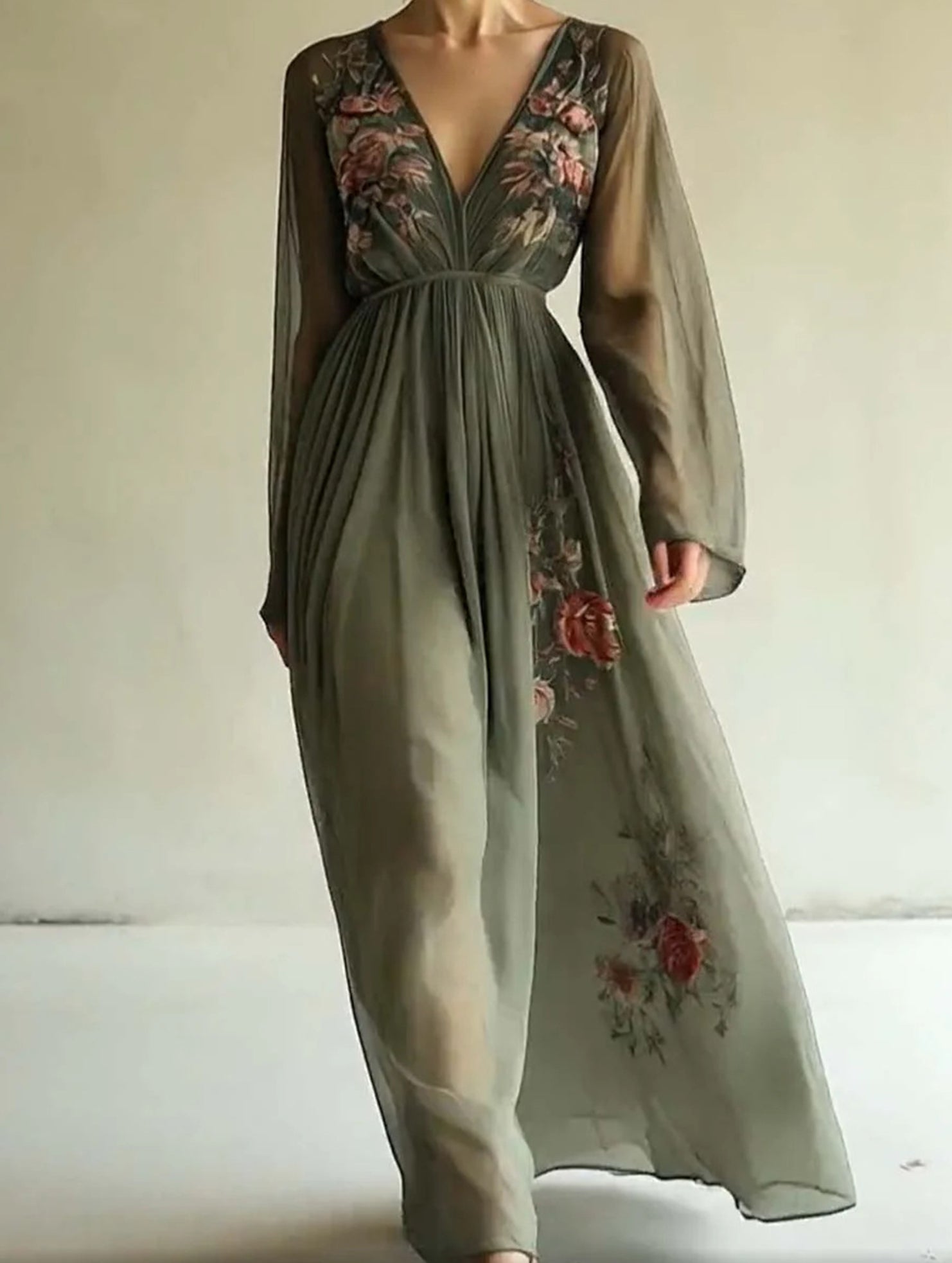 Digital Print V Neck Maxi Dress
