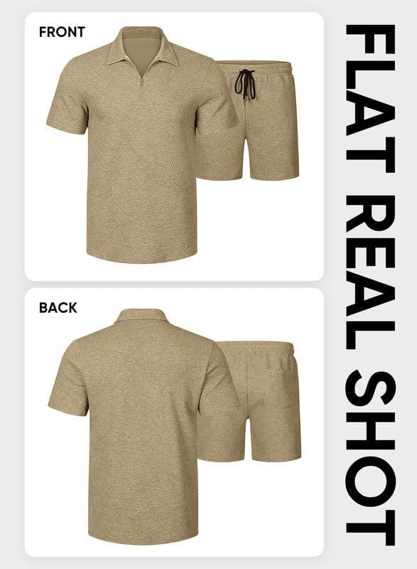 Men's Tracksuits 2 Piece Outfits Casual Sweatsuit Textured 1/4 Zip Short Sleeve Golf Polo Shirt and Short Sets