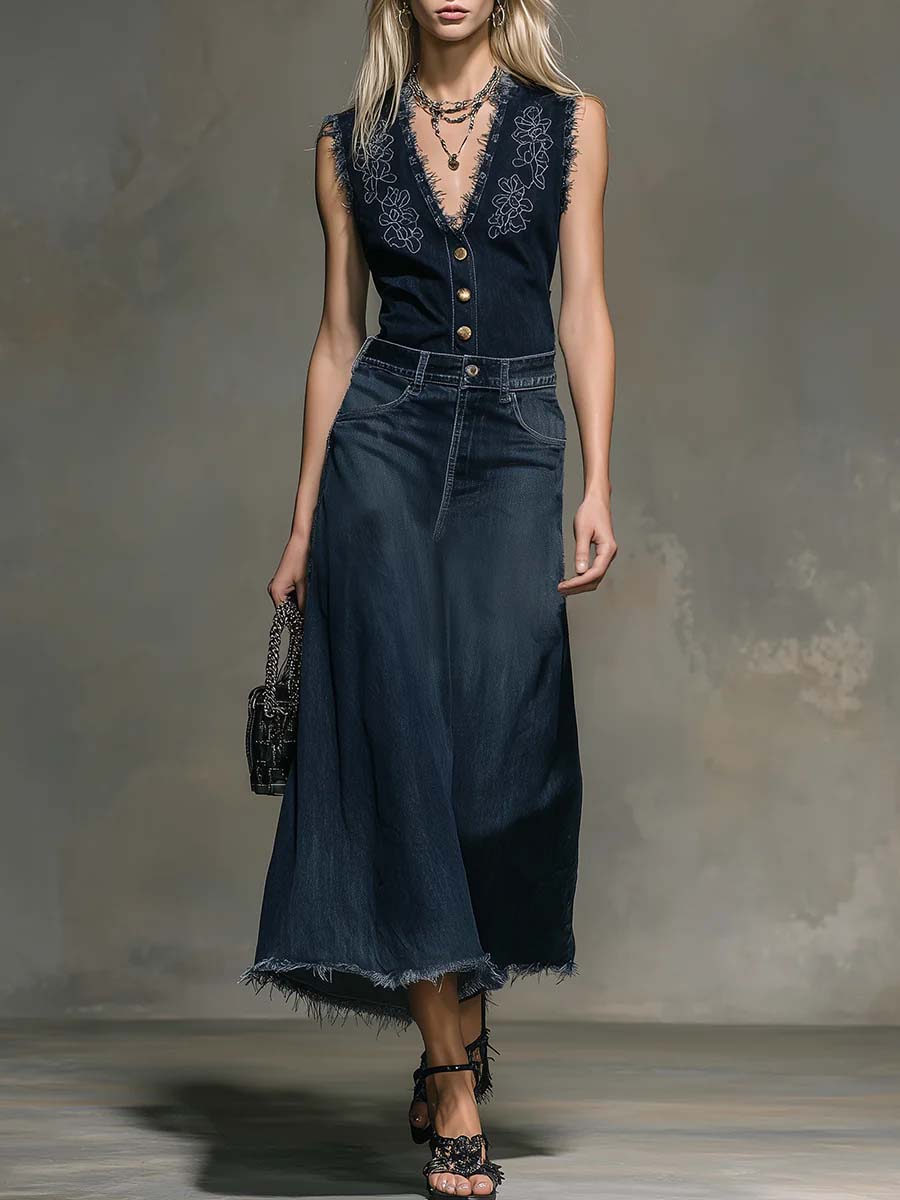 Women's V-neck sleeveless denim top and high-waisted casual loose denim skirt set