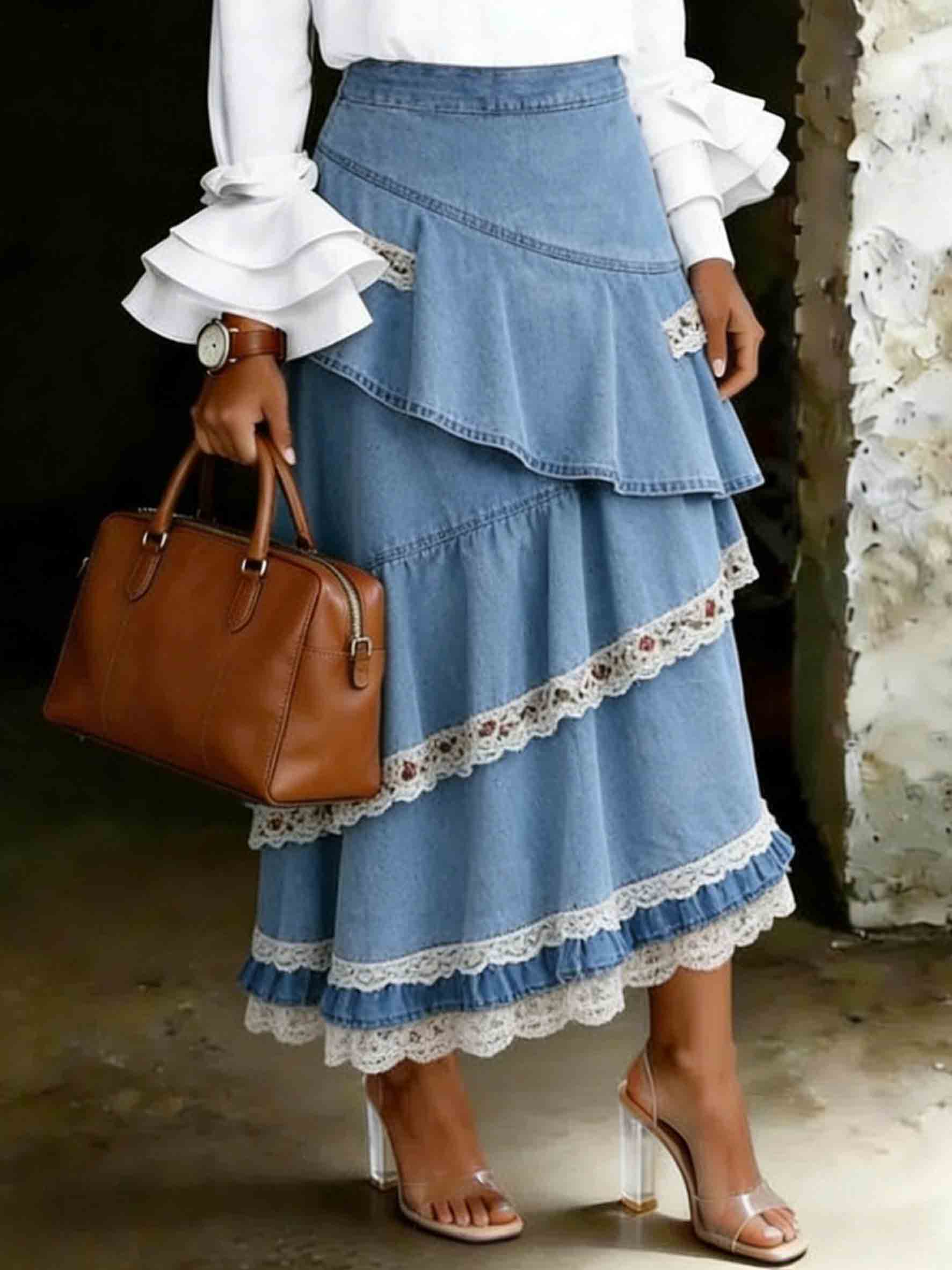 Women's Retro Multi-layer Asymmetrical Denim Ruffle Skirt