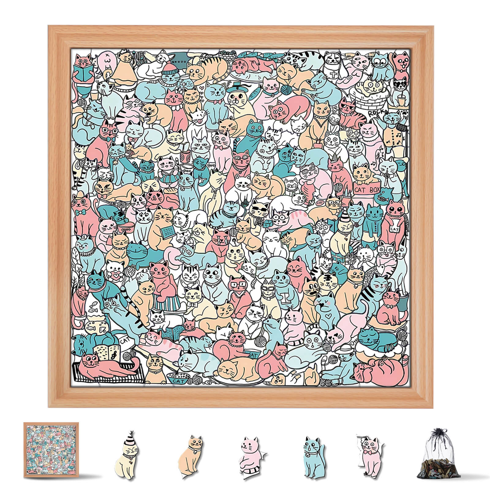 175 Pcs Morandi-Colored Cute Cat Shaped Square Wooden Jigsaw Puzzle