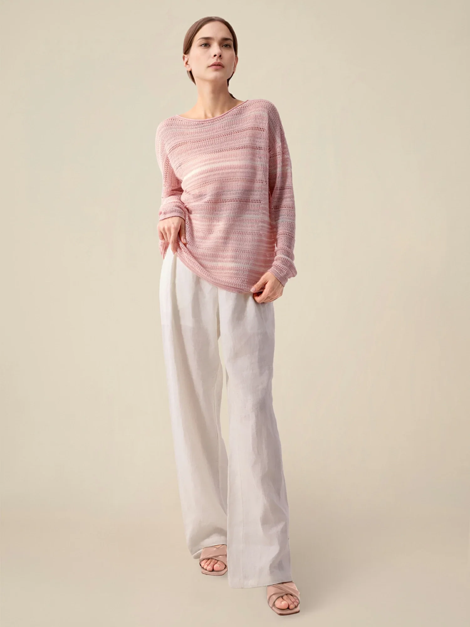 Lyocell & Silk Boat Neck Long Sleeve Striped Top