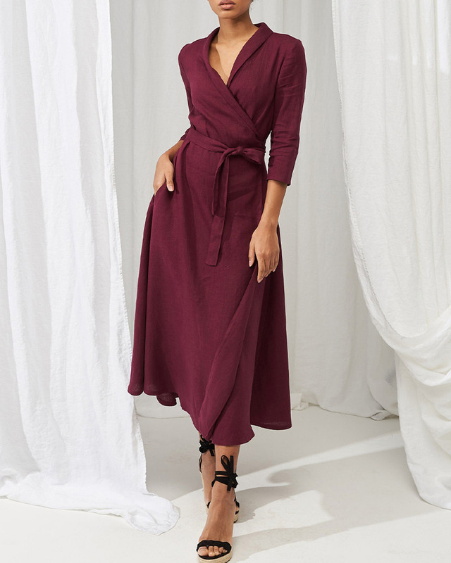 Elegant Linen Tie Midi Dress eef0