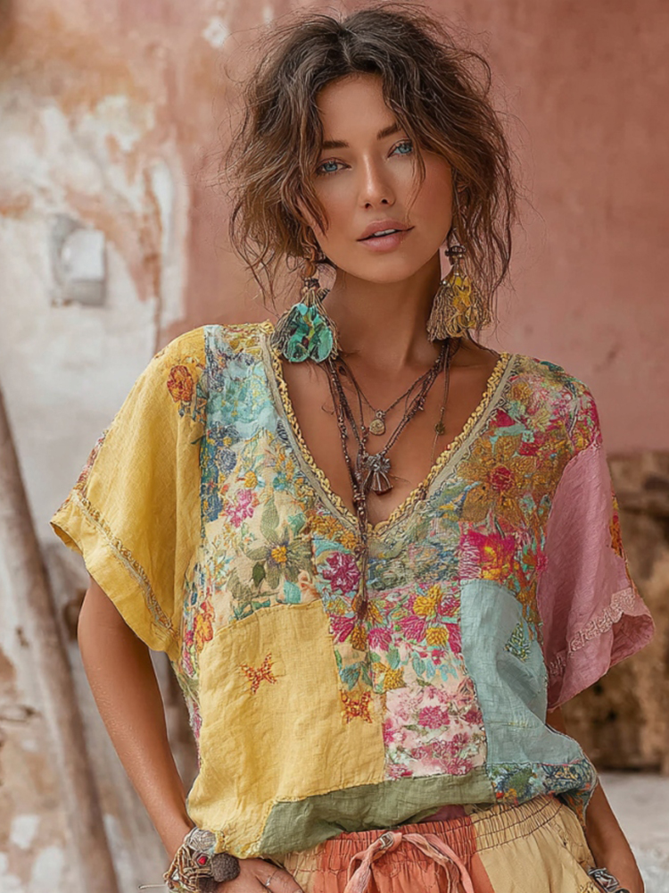 Women's Bohemian Floral Embroidery Patchwork Art V-neck Linen Blend T-shirt