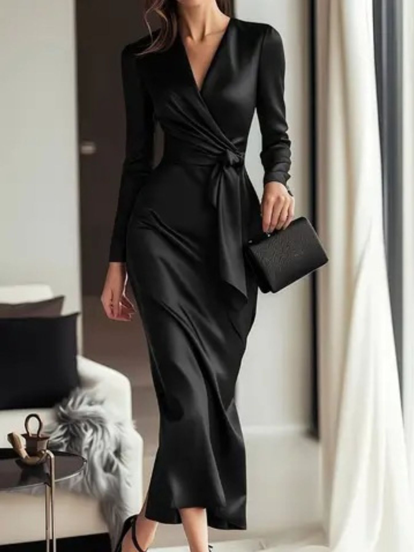 Satin Tie Waist Long Sleeve Dress