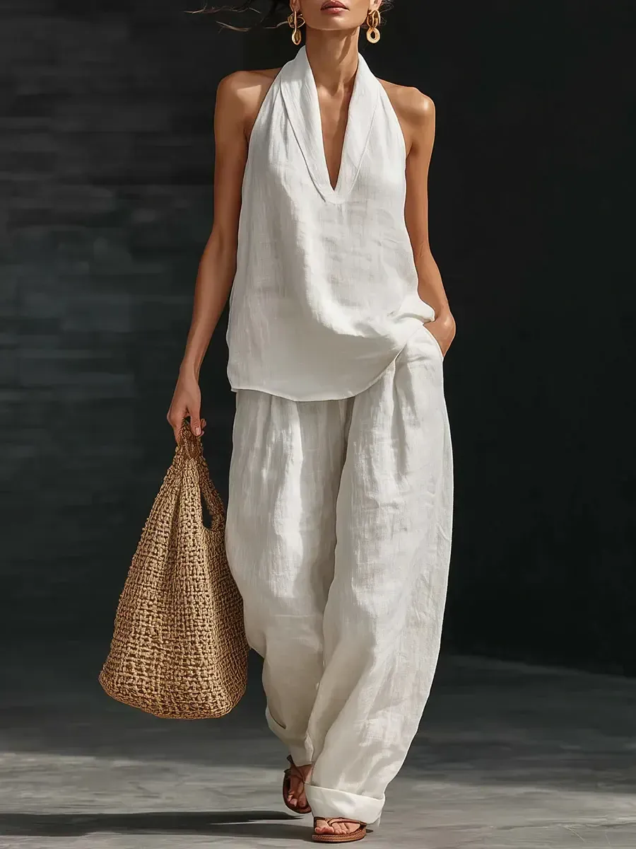 Two Piece Set - Perfect for Beach, Vacation & Brunch! Halter Neck Sleeveless Top Wide Leg Pants Set