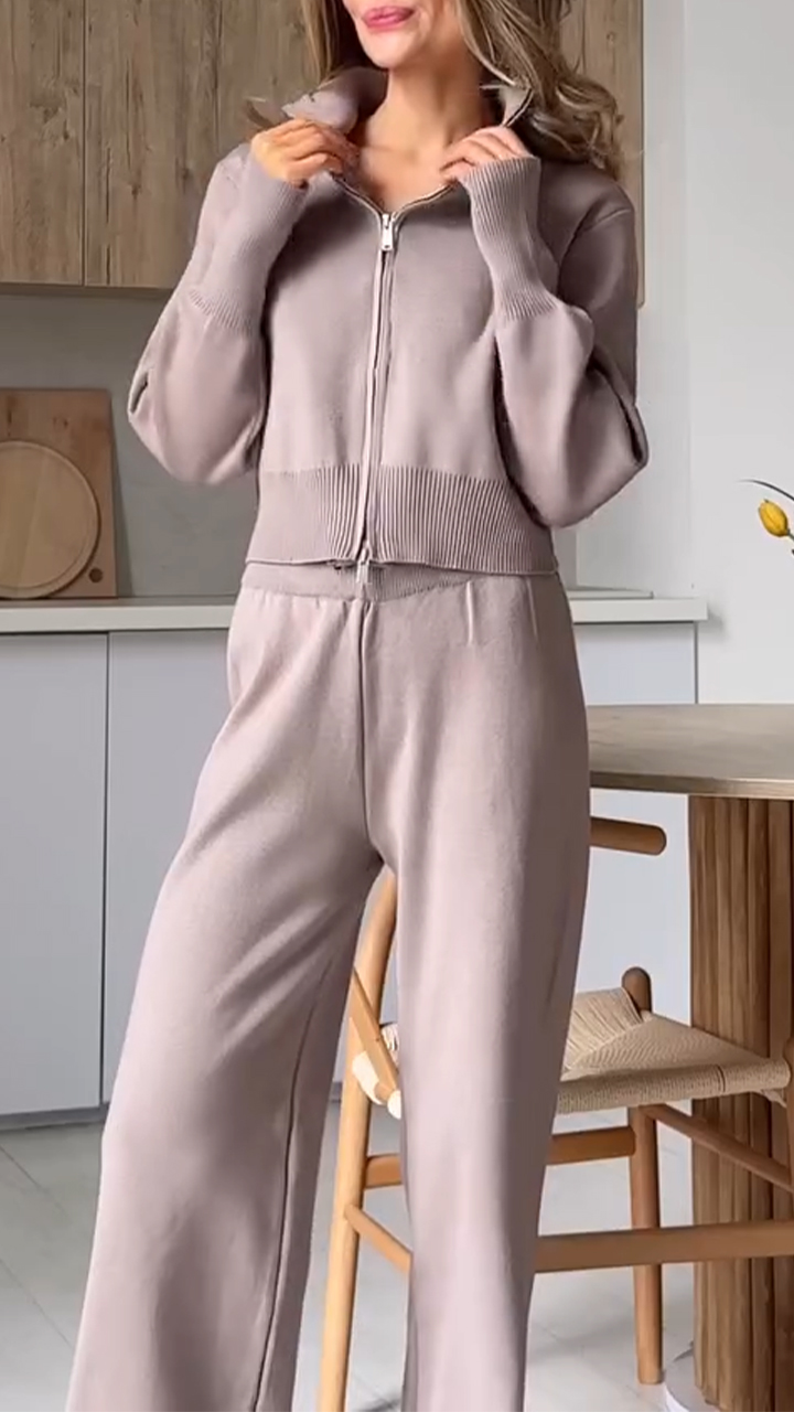 Womens Lapel Zipper Top + Pants Solid Color Casual Set