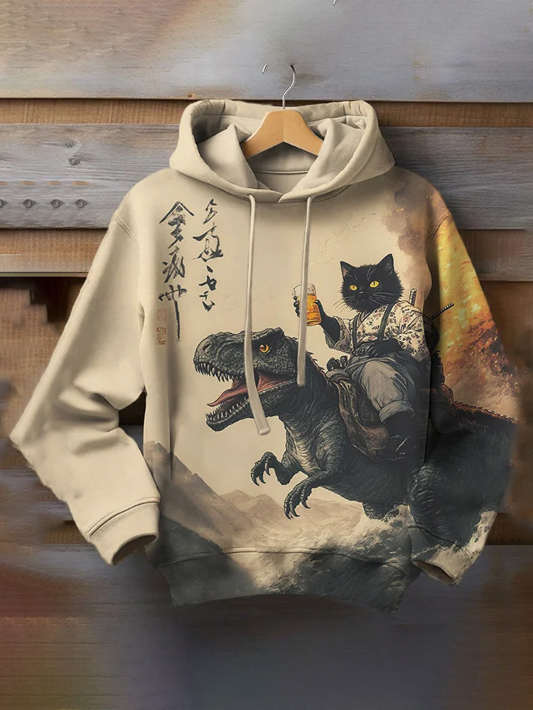 Men's Black Cat Samurai Dinosaur Sea Wave Art Print Casual Hoodie