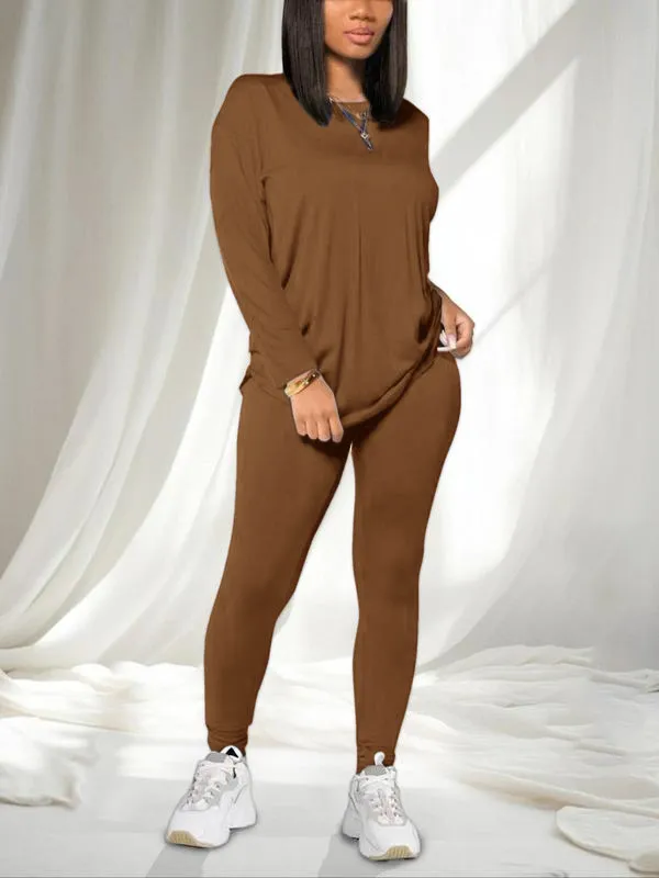 Women’s Two-Piece Set – Long Sleeve Tee & Elastic Waist Pants, Casual Outfit for Daily Wear