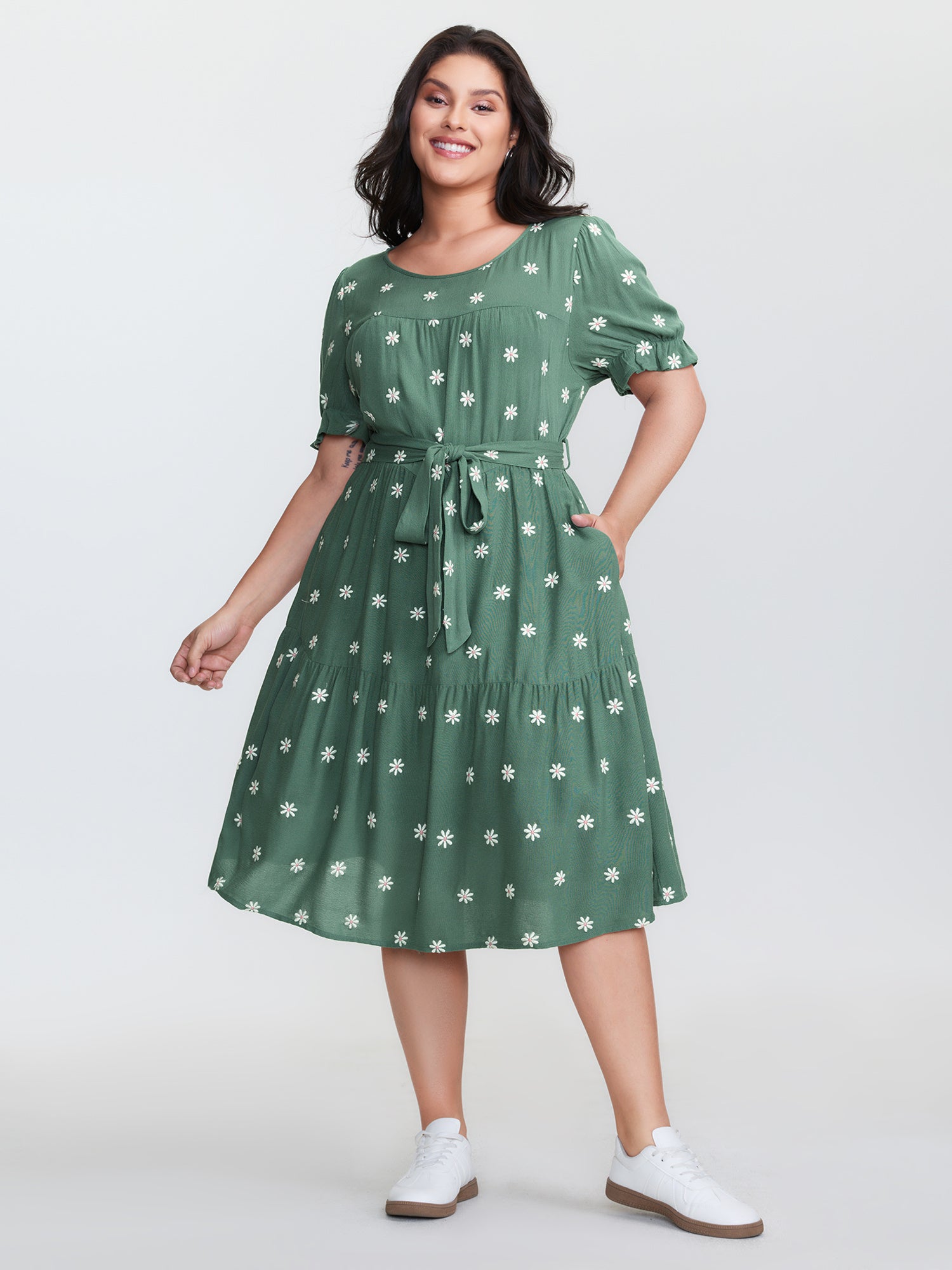 Supersoft Floral Embroidered Waist-Tie Mini Dress