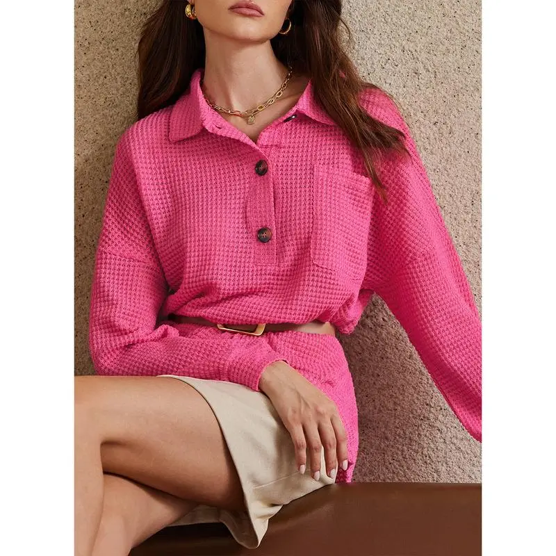 Women's Oversized Henley Waffle Shirts Tops