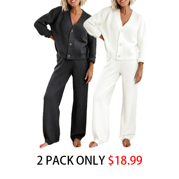 Last day discount- 50% OFF Solid Textured Knit Button Cardigan & Pants Set