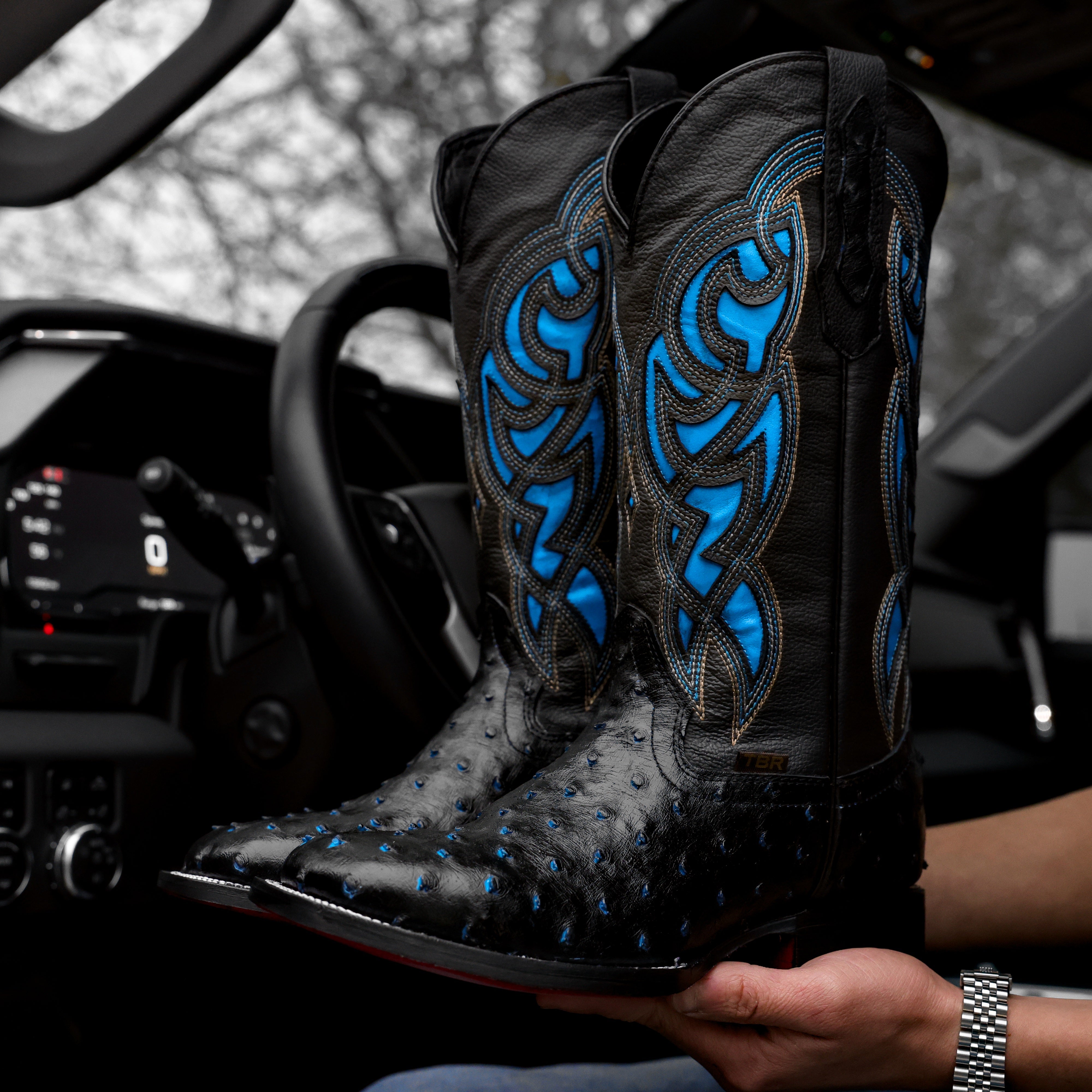Black/Blue Ostrich Leather Boots - Square Toe