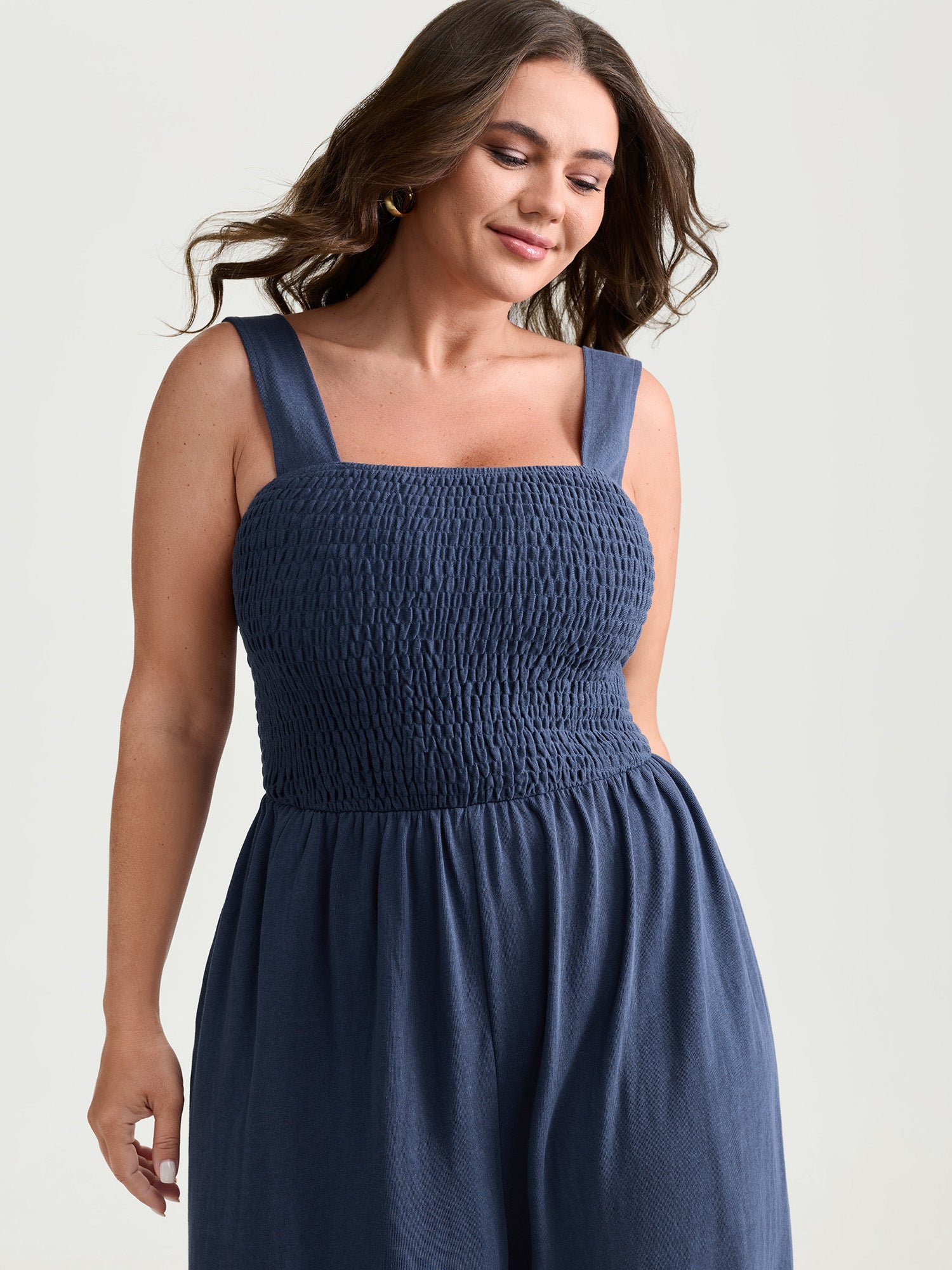 Shirred A-Line Wide Strap Jumpsuit