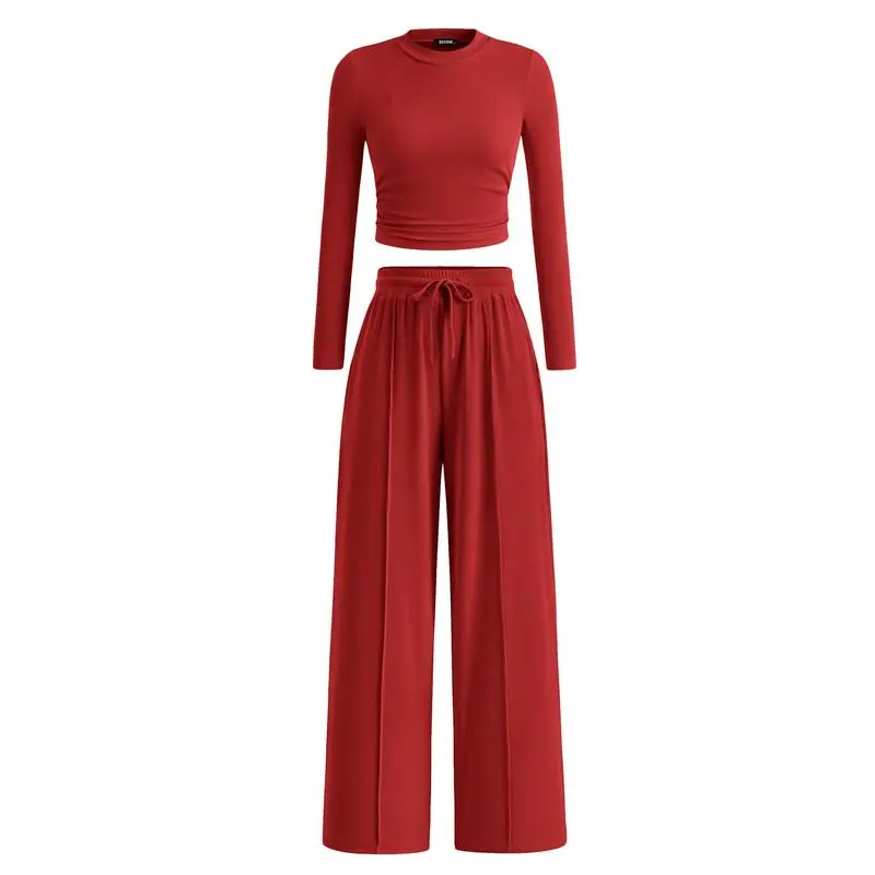 Ribbed Knit Long Sleeve Crop Top Wide Leg Pants