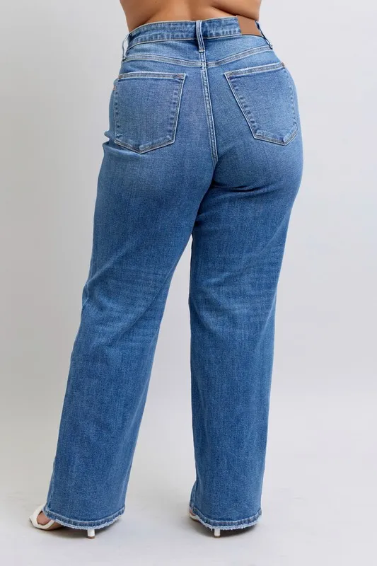 Blue Full Size High Waist V-Front Vintage Wash Straight Jeans Plus Size