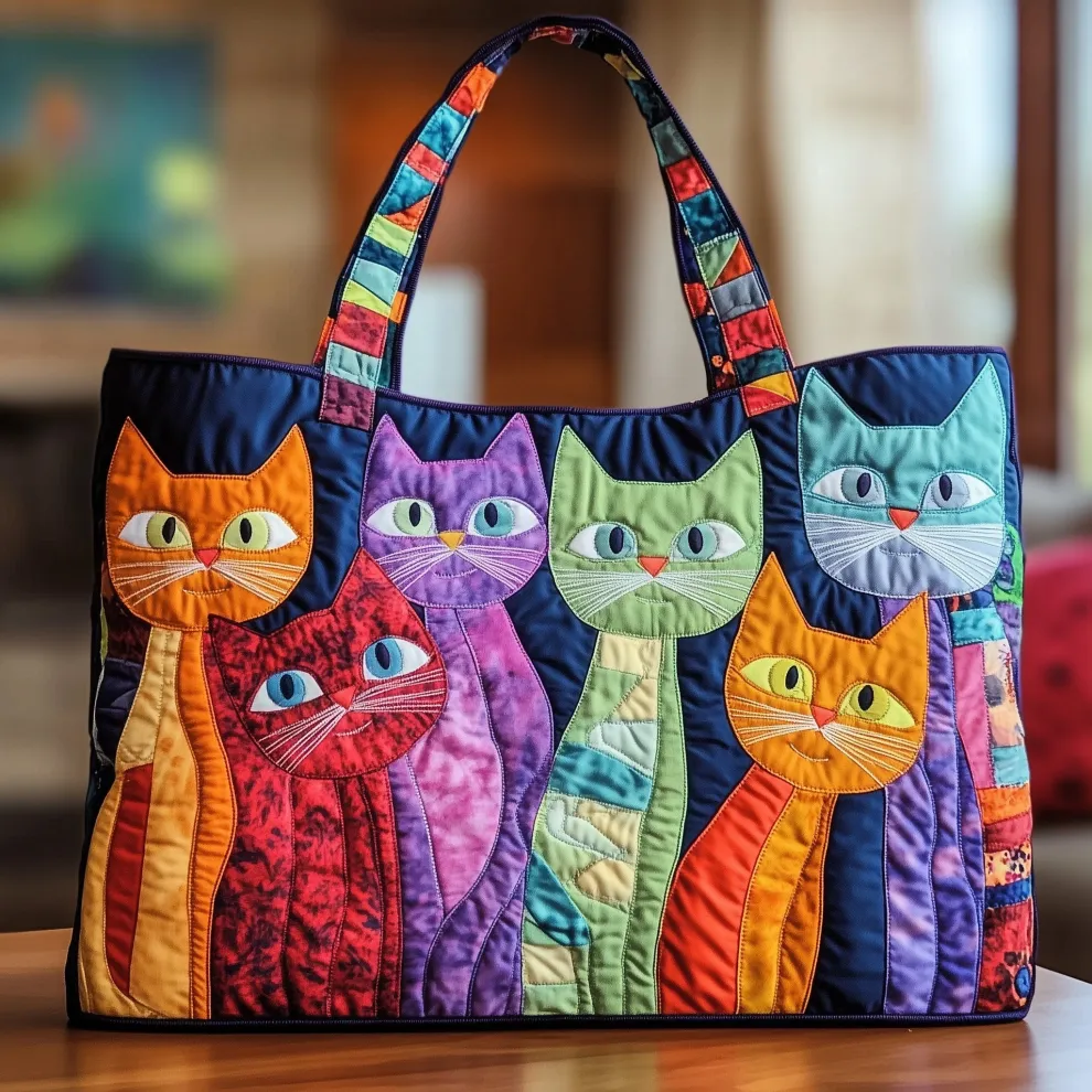 Whimsical Parade of Colorful Cats Quilted Tote ✨🐱🌈