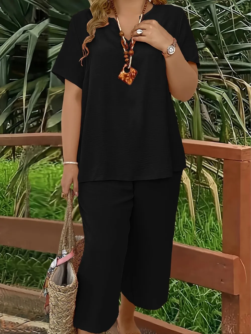 Women's Solid Color Short Sleeve Fashion Top & Casual Wide Leg Pants Set, Summer, Comfortable & Stylish