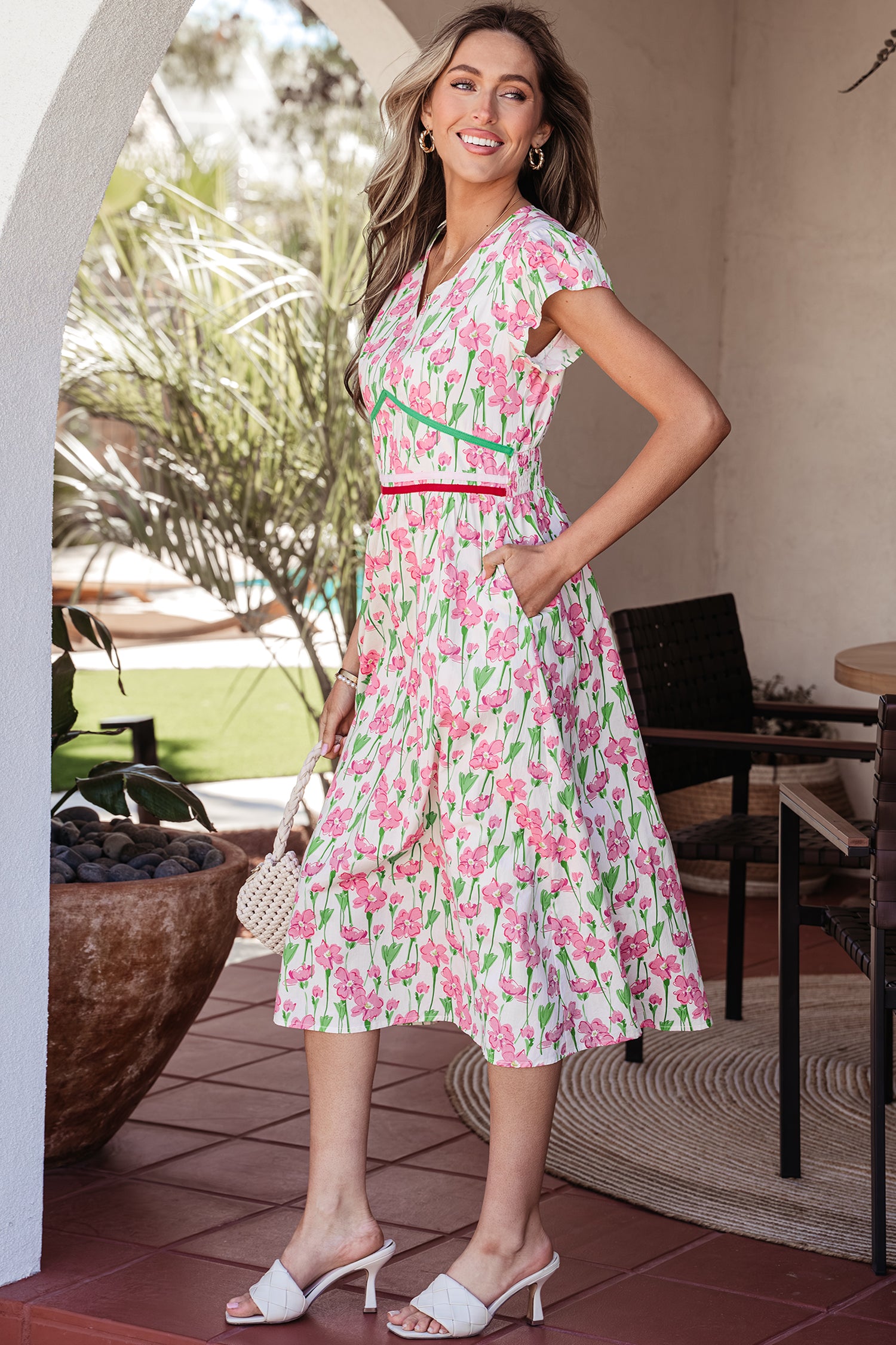 Pink Floral Print Contrast Trim V Neck Short Sleeve Elegant Midi Dress