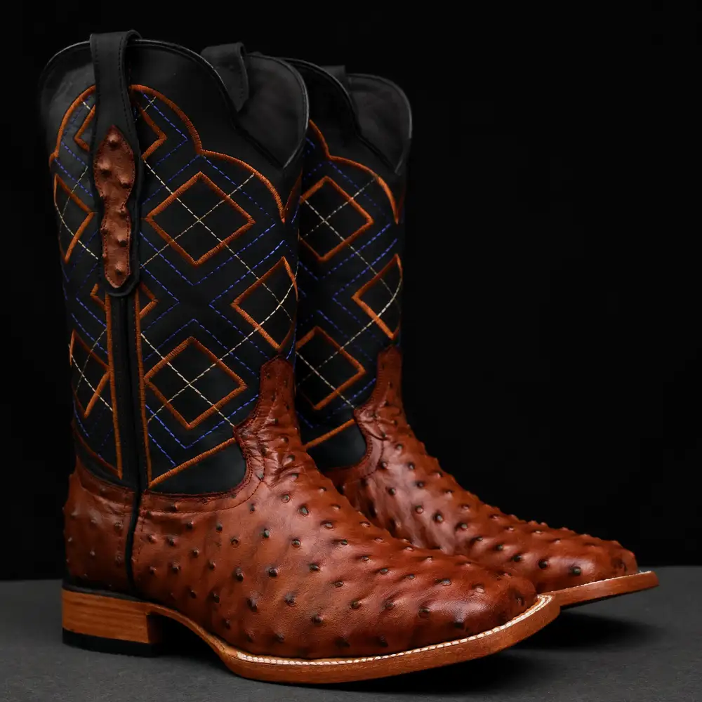 Cognac Ostrich Leather Boots - Square Toe