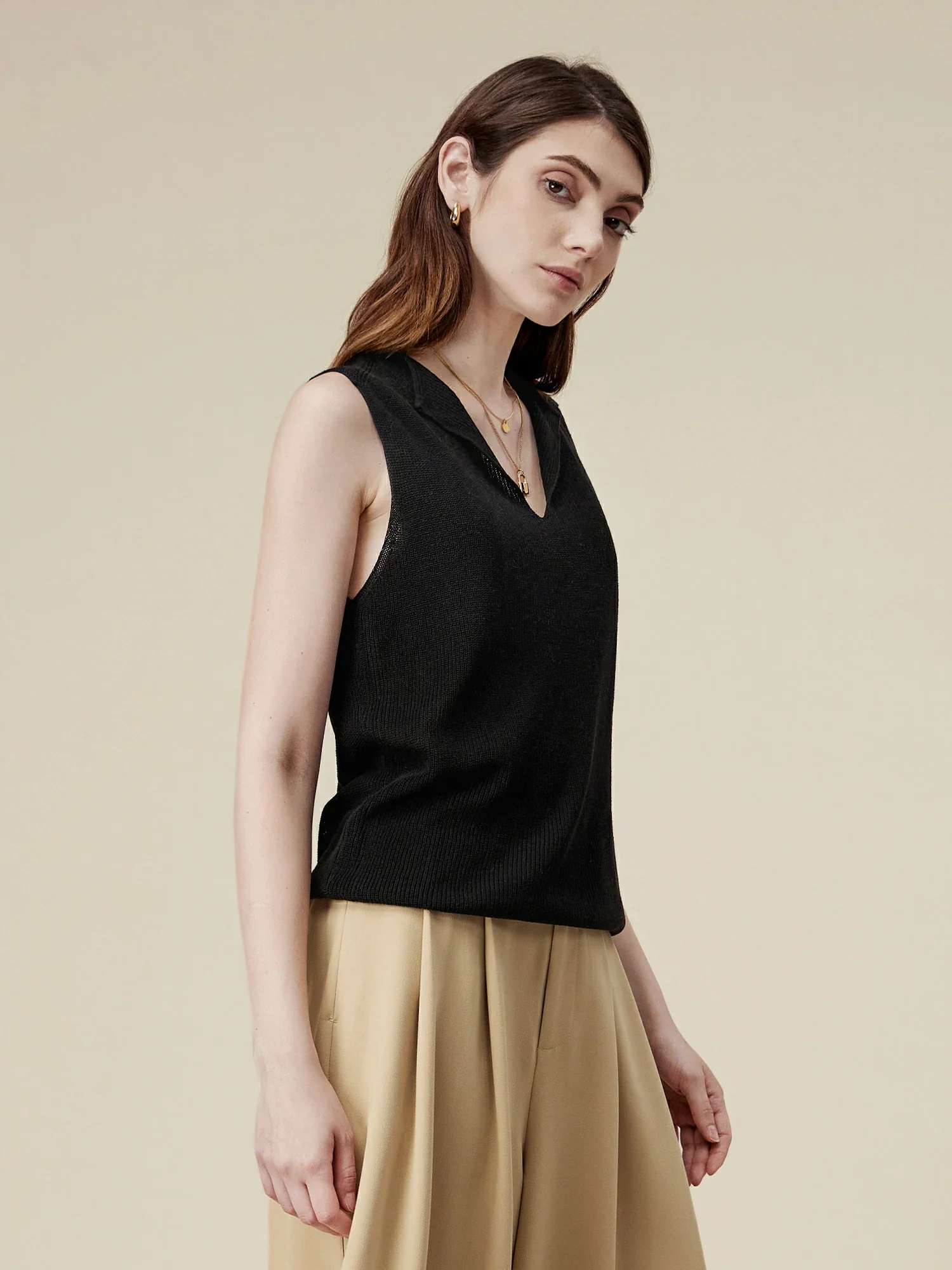 Linen & Lyocell Sleeveless Lapel Casual Tank