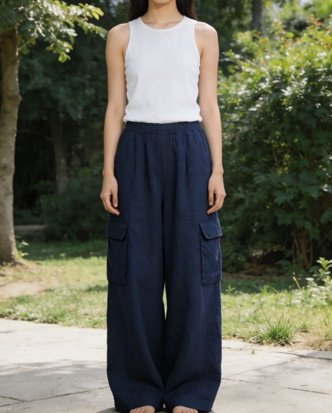 Relaxed-Fit Navy Cotton-Linen Wide-Leg Trousers with Pockets