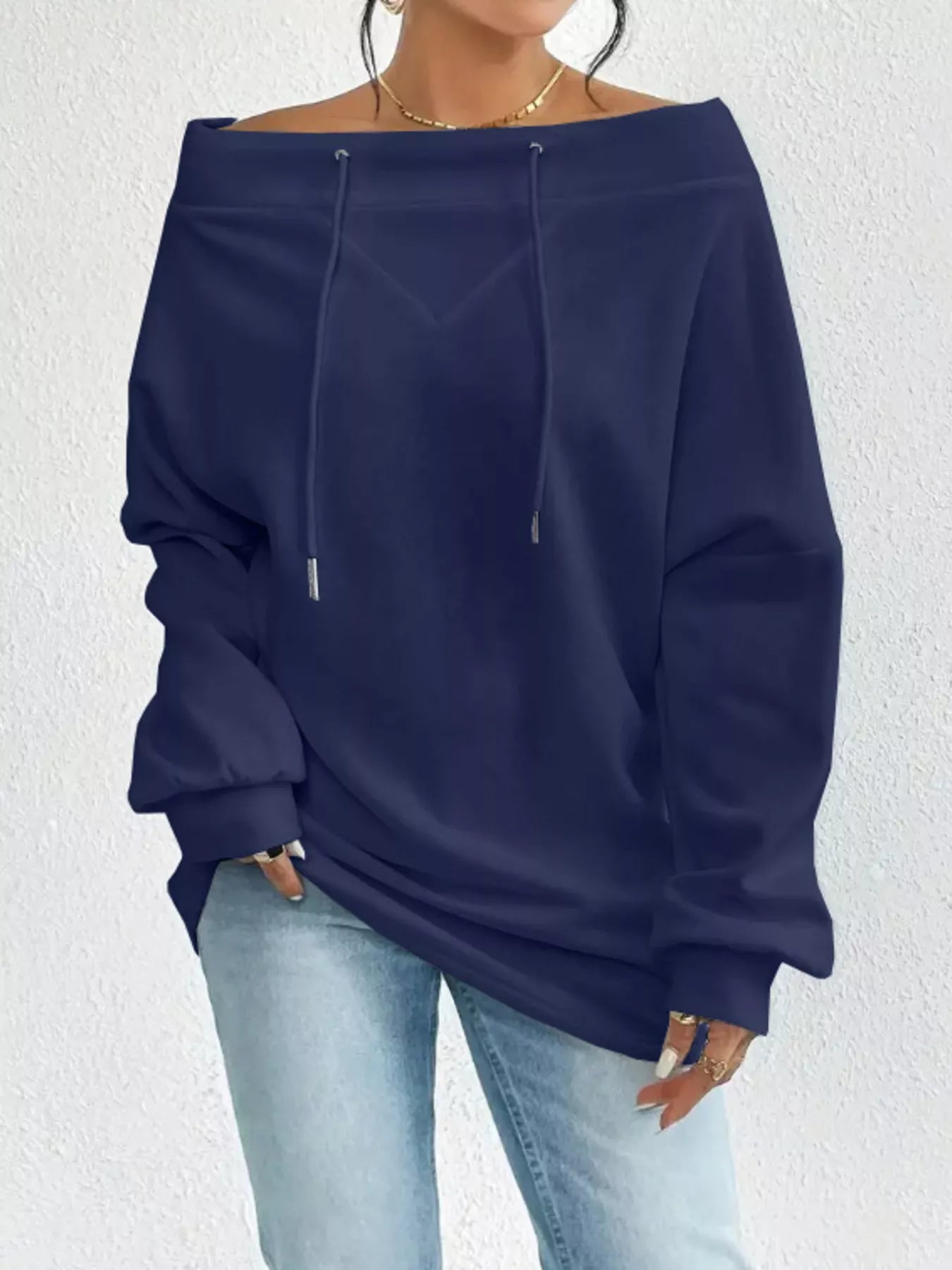 Full Size Off-Shoulder Drawstring Long Sleeve Top Plus Size