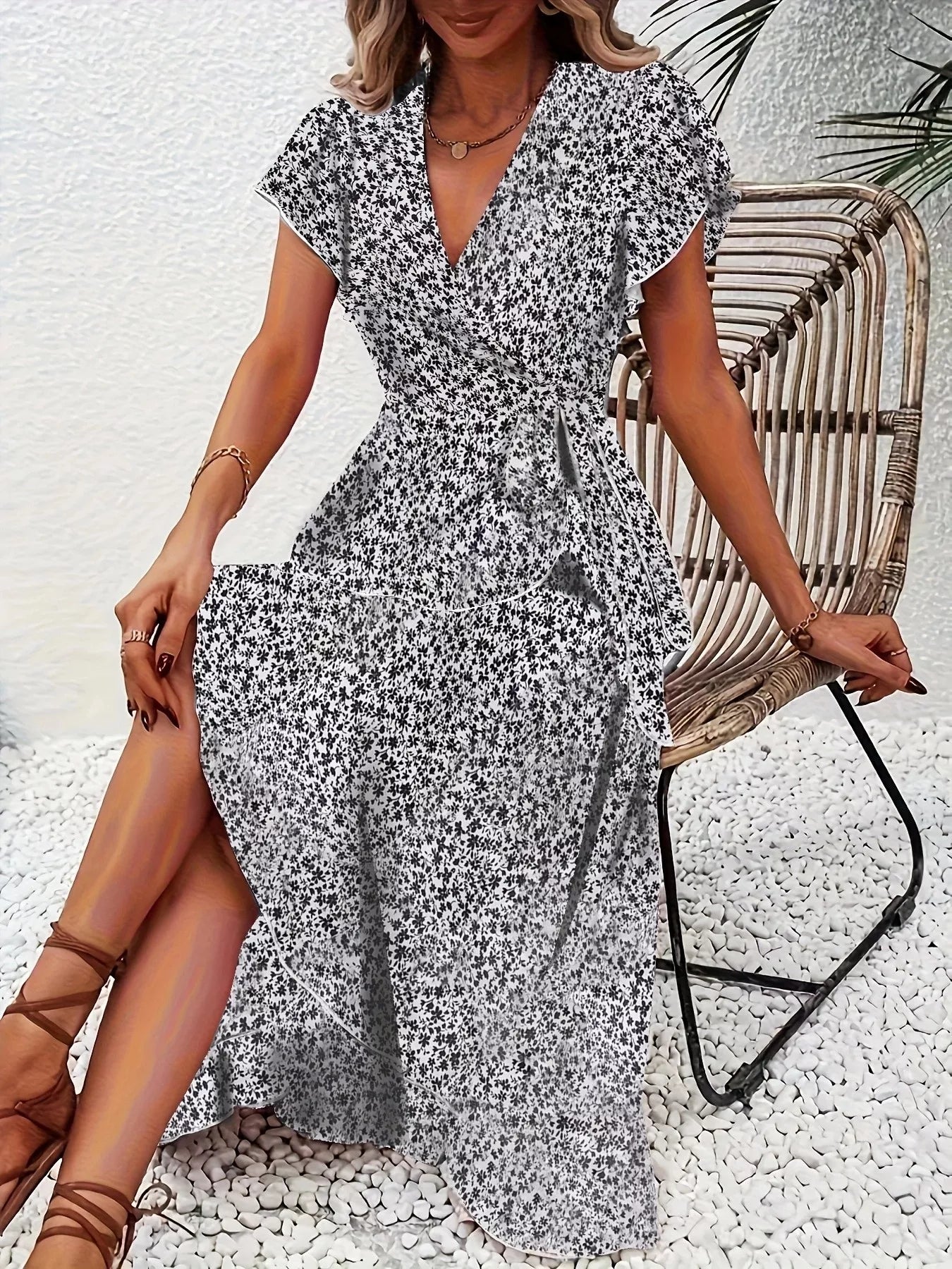 Floral Print Ruffle Hem Wrap Midi Dress