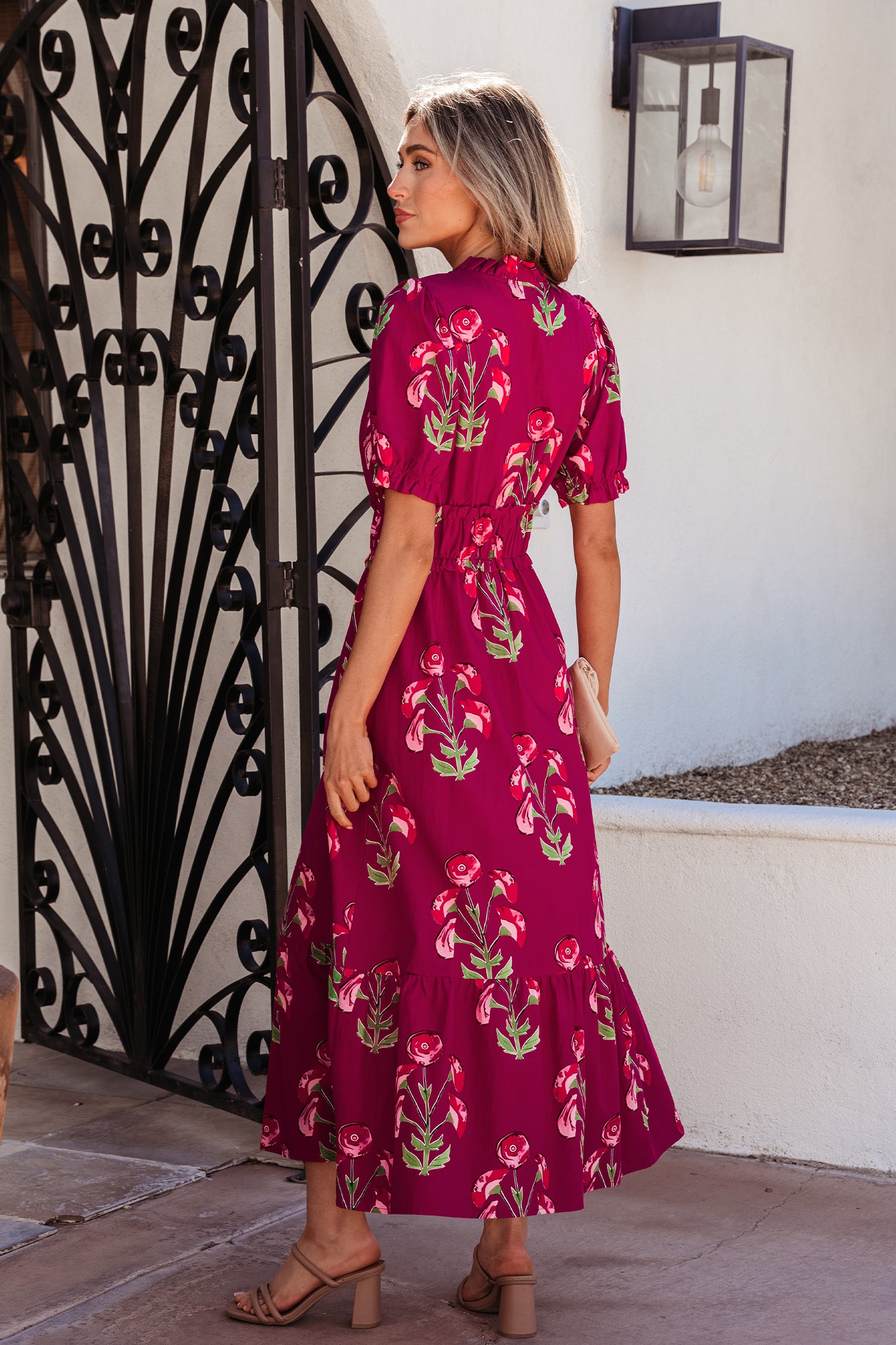Red Floral Print Frilled V Neck Short Sleeve Ruffle Maxi Dress