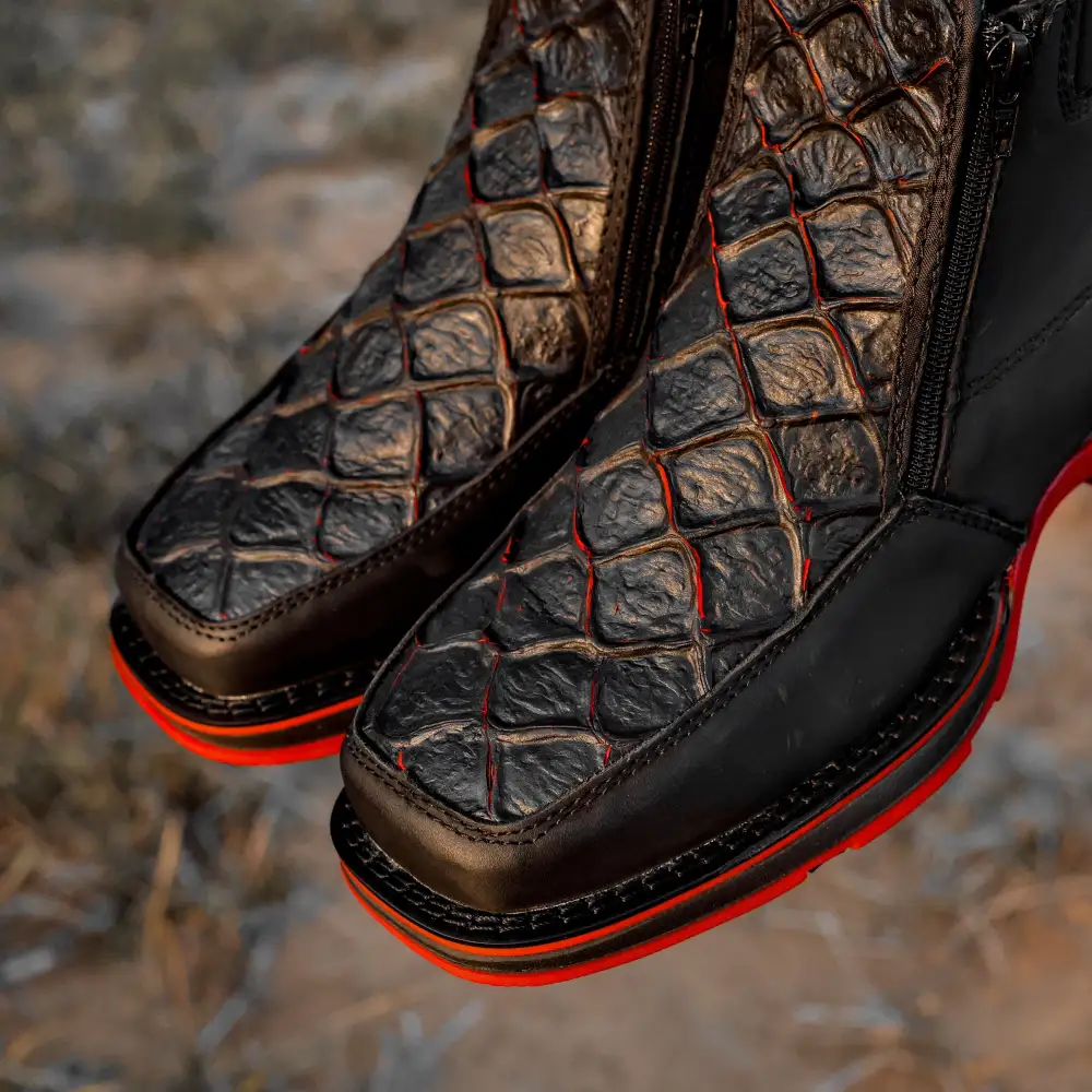 Matte Black Cherry Pirarucu Leather Botin With 3D Lightweight Soles - Square Toe