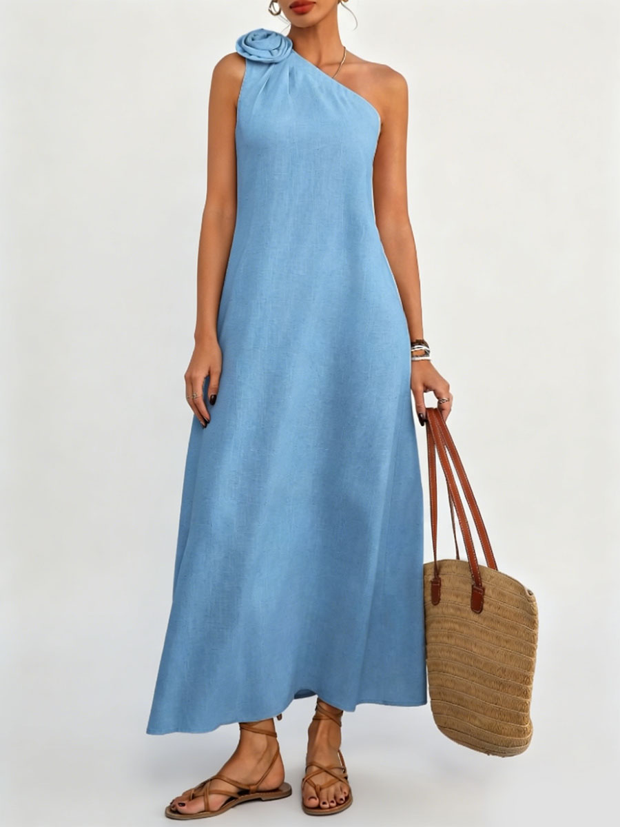 Women's French-style 3d Floral Embellished Off-shoulder Sleeveless Dress