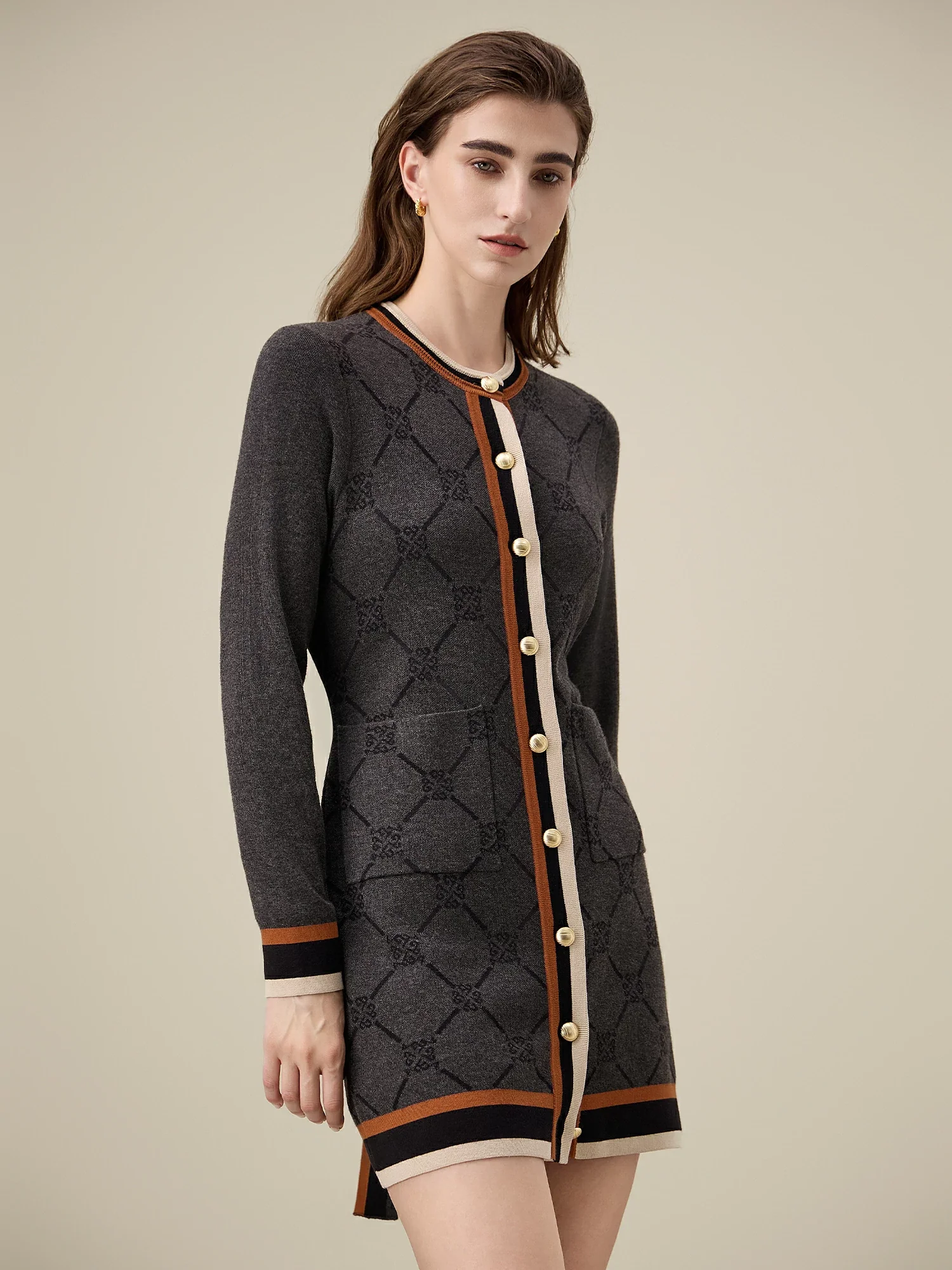 Lyocell Long Sleeve Contrast Logo Pattern Knitted Dress