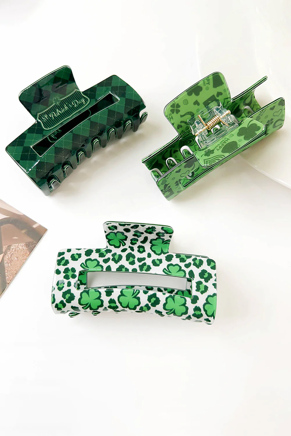 Grass Green St Patricks Clover Print Hollow Out Square Hair Clip
