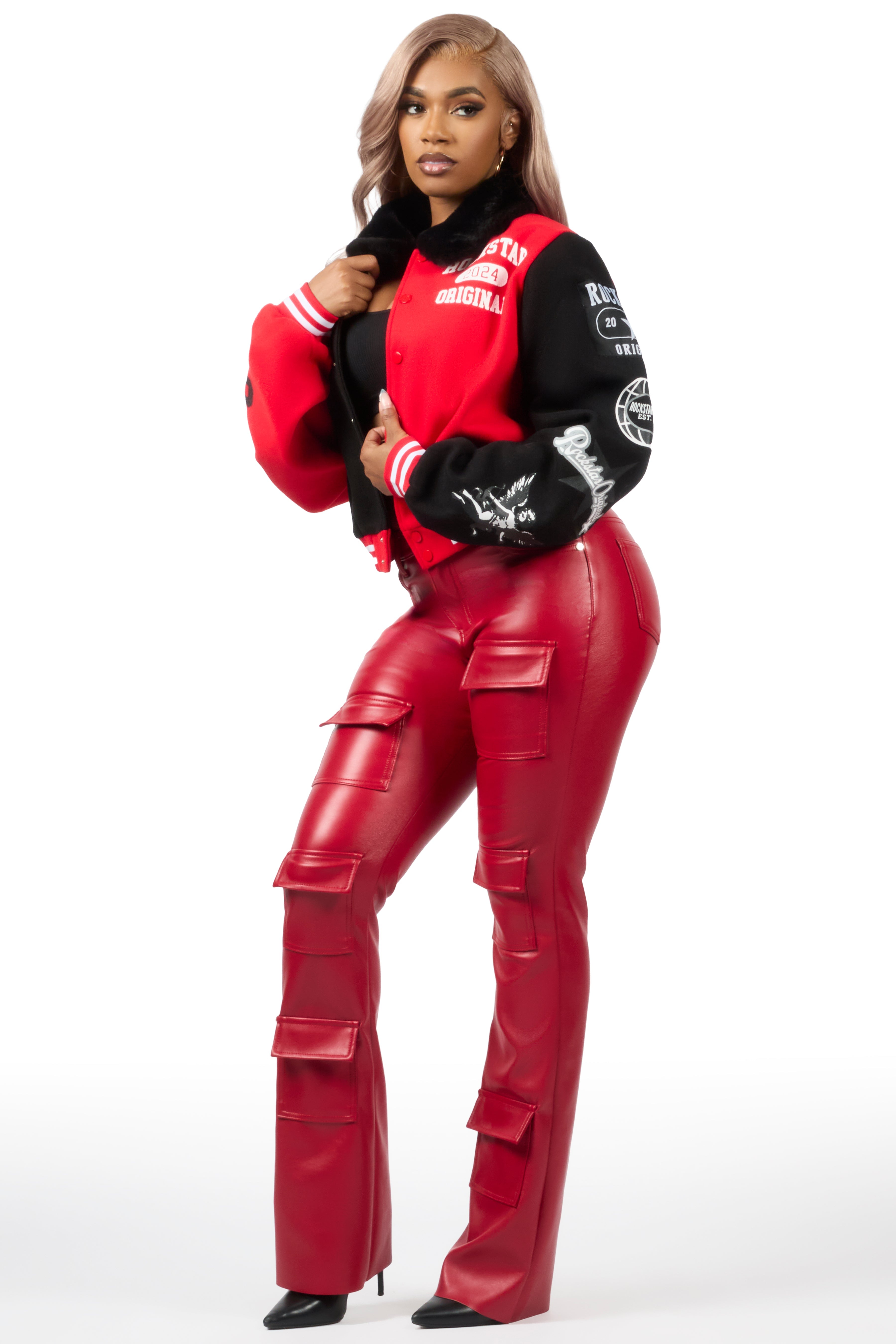 Kisha Black/Red/White Fur Collar Varsity Jacket