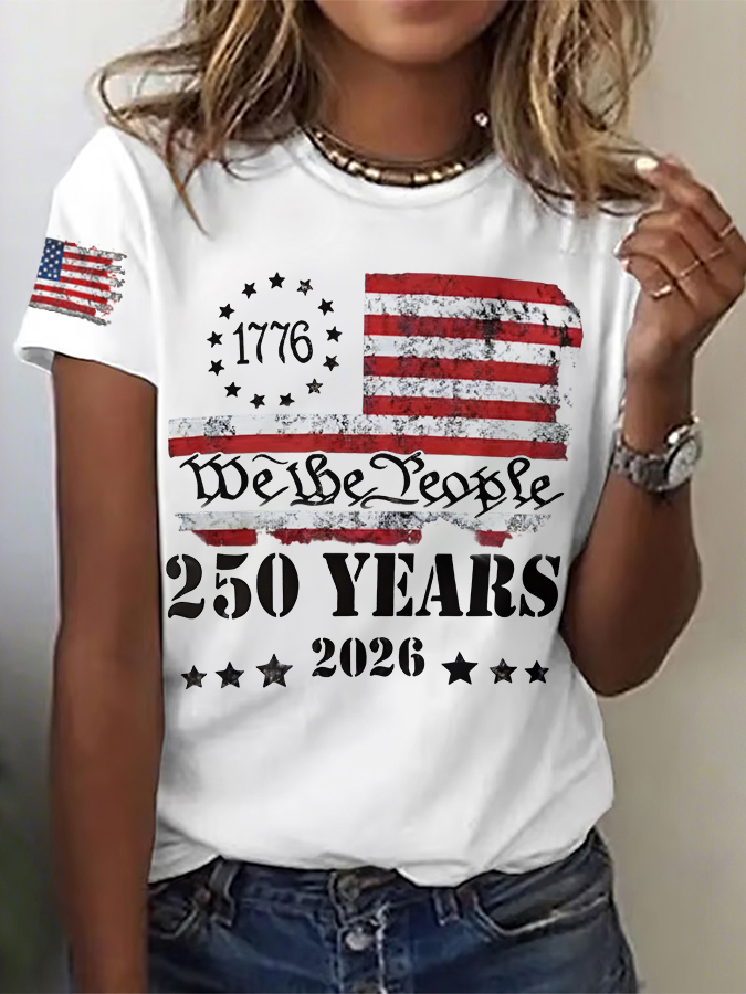 Women'S Retro American Independence Day Commemorative Printed Round Neck T-Shirt