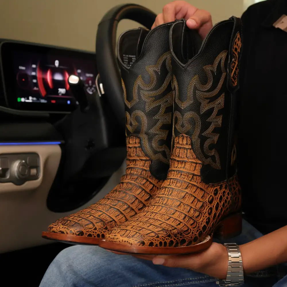 Honey Caiman Back Leather Boots — Square Toe