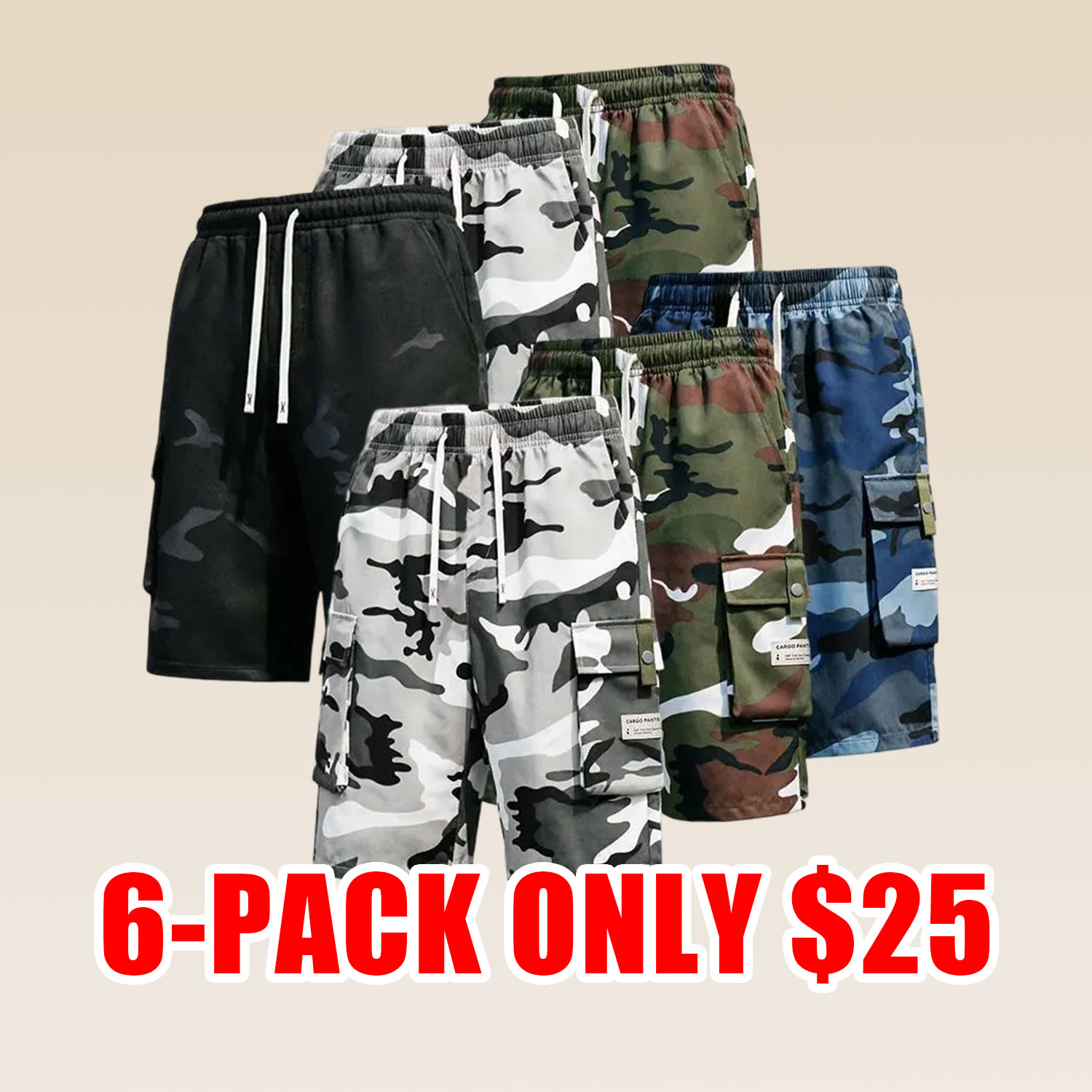 Men's 6-Pack Camo Cargo Shorts – Multi-Pocket Design, Drawstring Waistband, Casual Streetwear Shorts, Perfect for Everyday Wear & Urban Styling SpringStatements