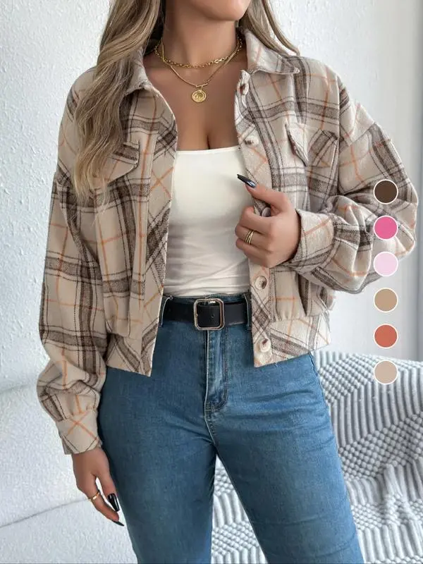 Women's Plaid Print Button Front Drop Shoulder Jacket