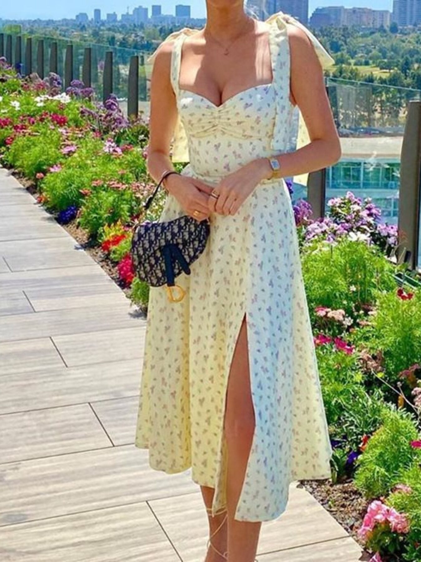 Floral Print Tie-Shoulder Slit Midi Dress