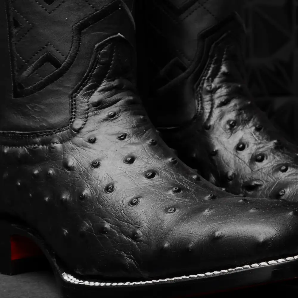 Black Ostrich Leather Boots - Square Toe