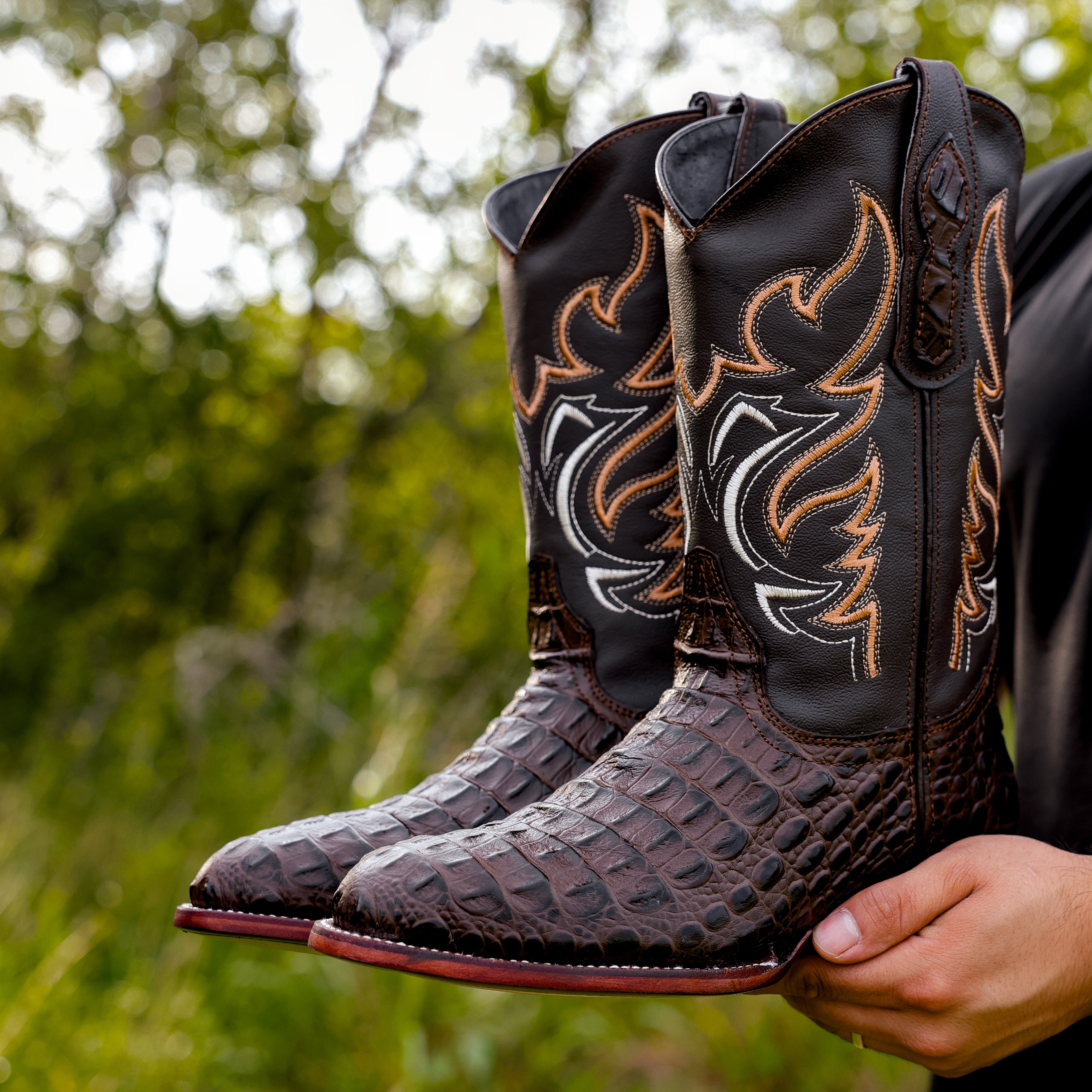 Chocolate Brown Caiman Hornback Leather Boots - Round Toe