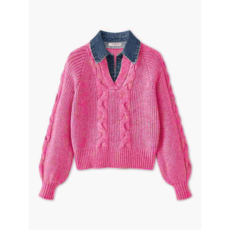 ❤️Valentine’s Day Special❤️Cable Knit Sweater with Denim Collar Detail (Relaxed Fit)