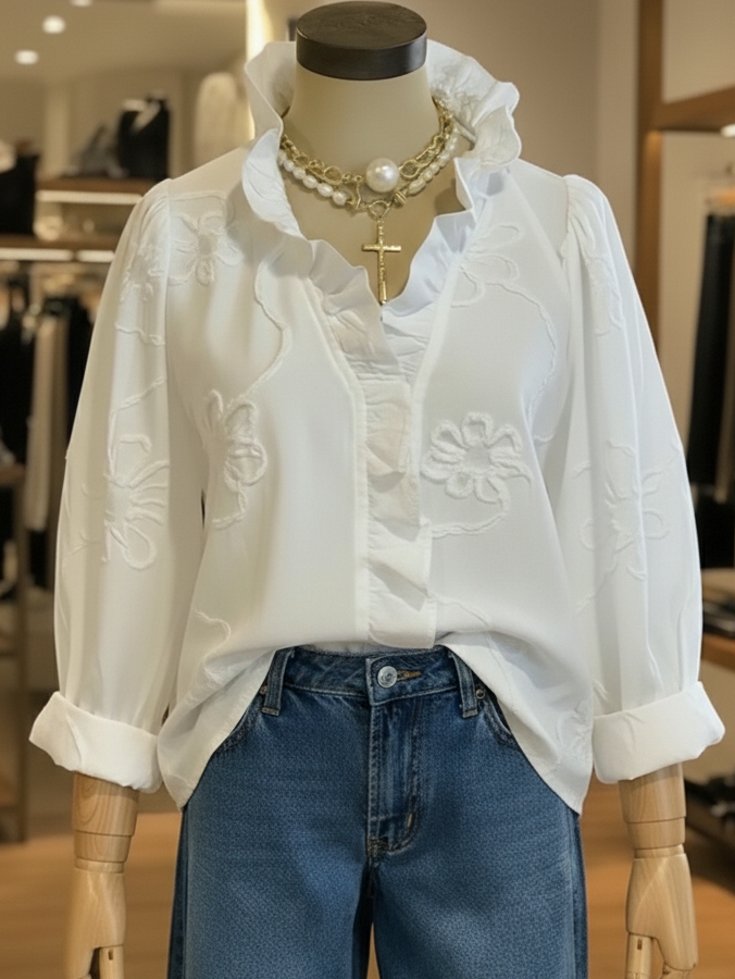 Elegant Ruffled Collar Embroidered Floral Shirt