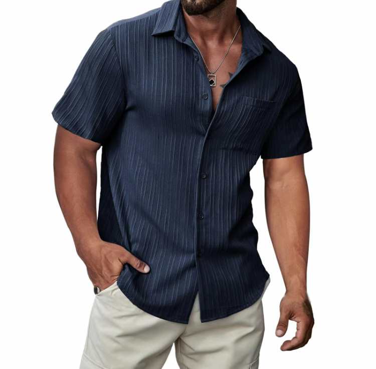 Men's Casual Short-Sleeve Hawaiian Shirt - Textured Button-Down Beach Shirt with Pocket for Summer