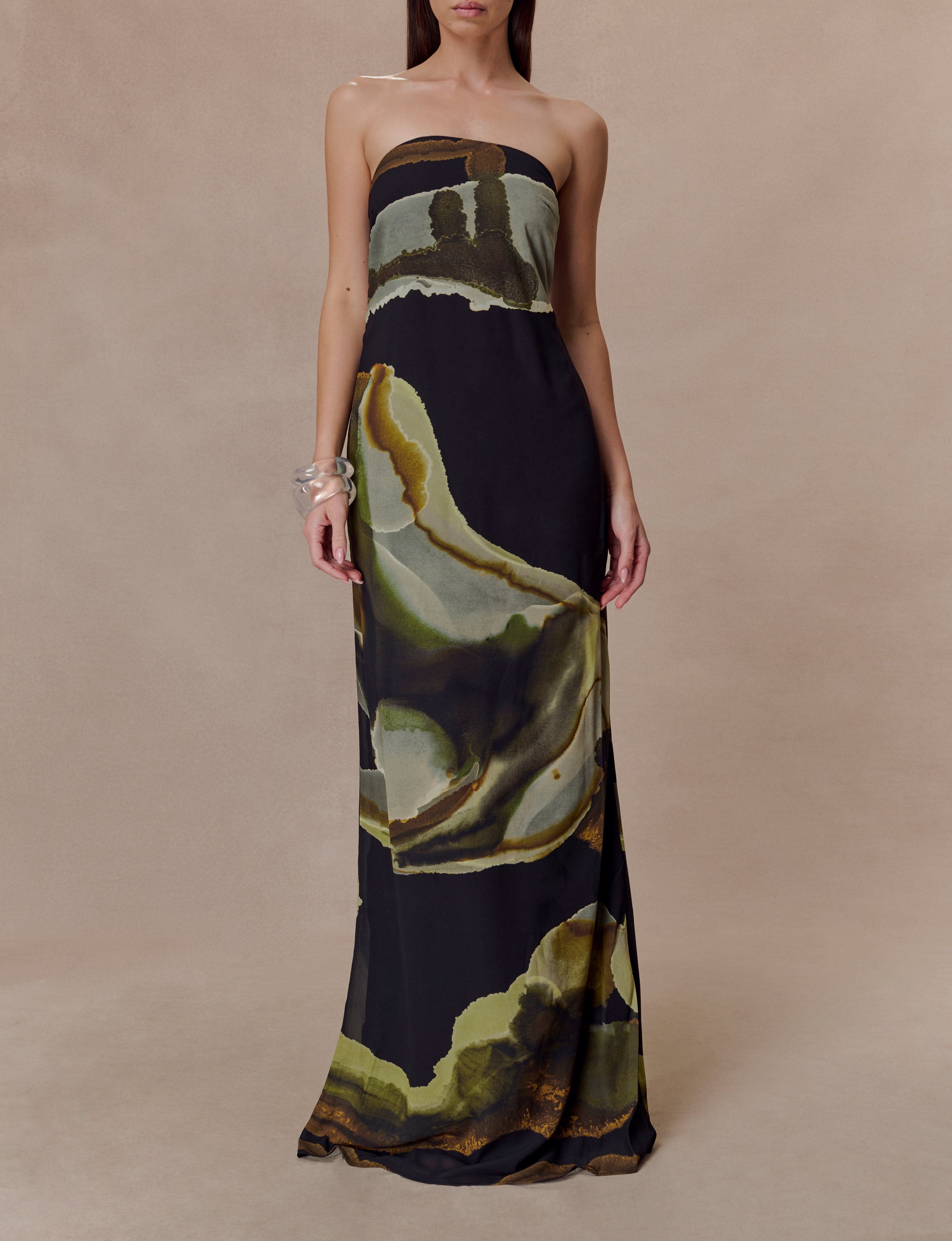 Print Strapless Chiffon Maxi Dress