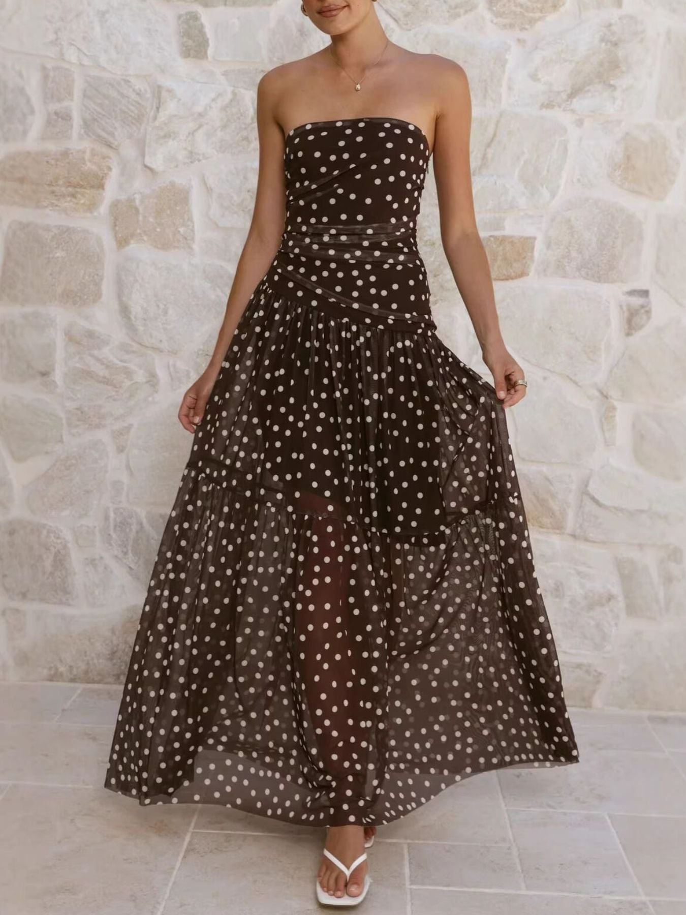 Polka Dot Strapless Ruched Maxi Dress