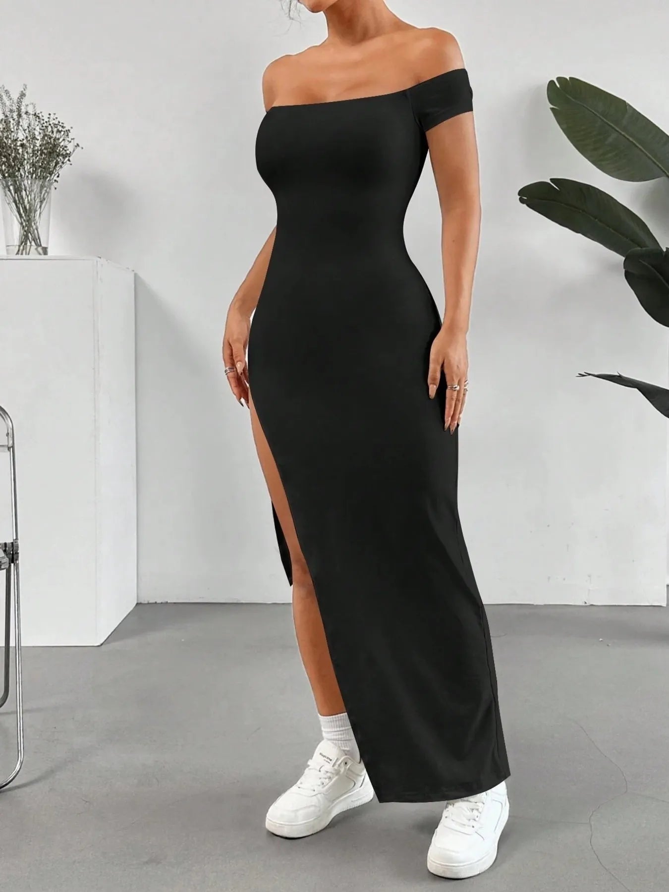 Off-Shoulder High Slit Bodycon Maxi Dress